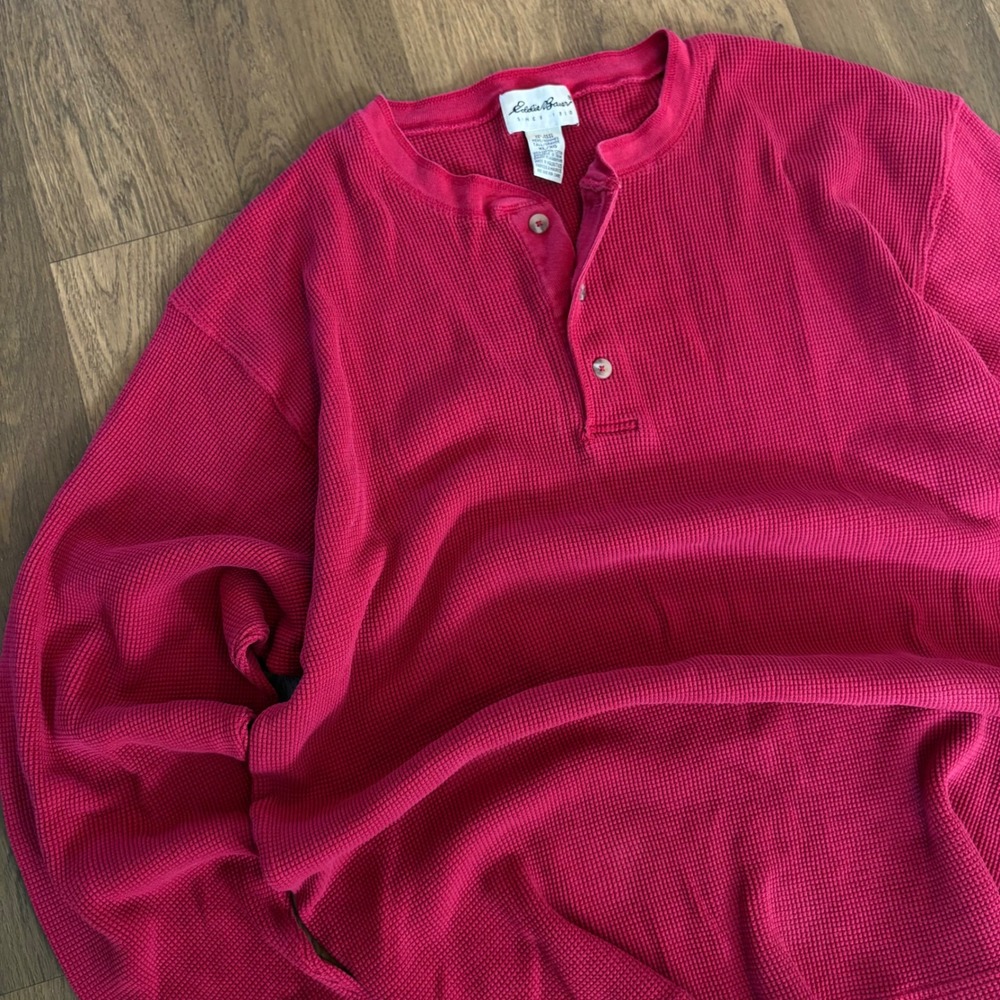 Vintage 90s Eddie Bauer Gorpcore Hiking Red Thermal Waffle Knit Henley Shirt